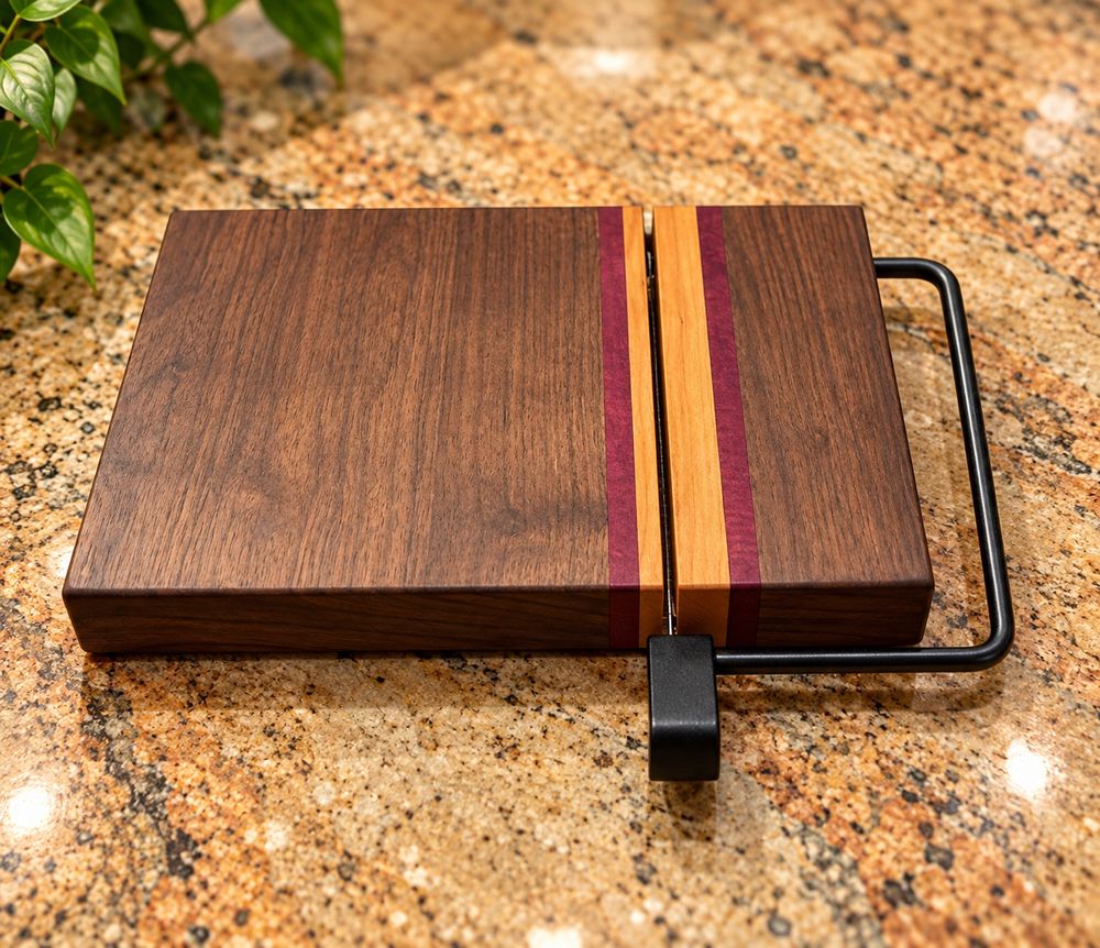 Walnut cheese board with a wire slicer and exotic wood stripes