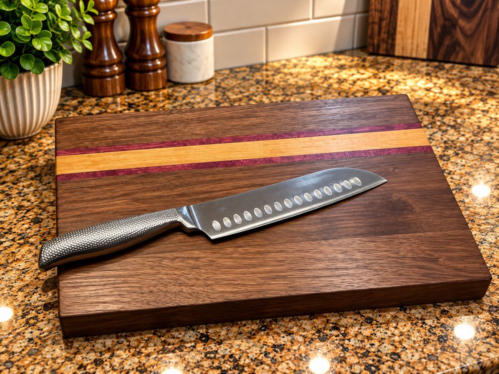 Walnut board with an orange and purple stripe