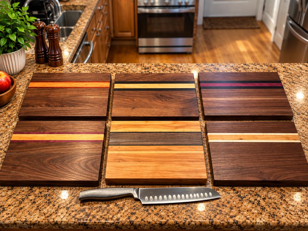A set of six boards in different wood pairings
