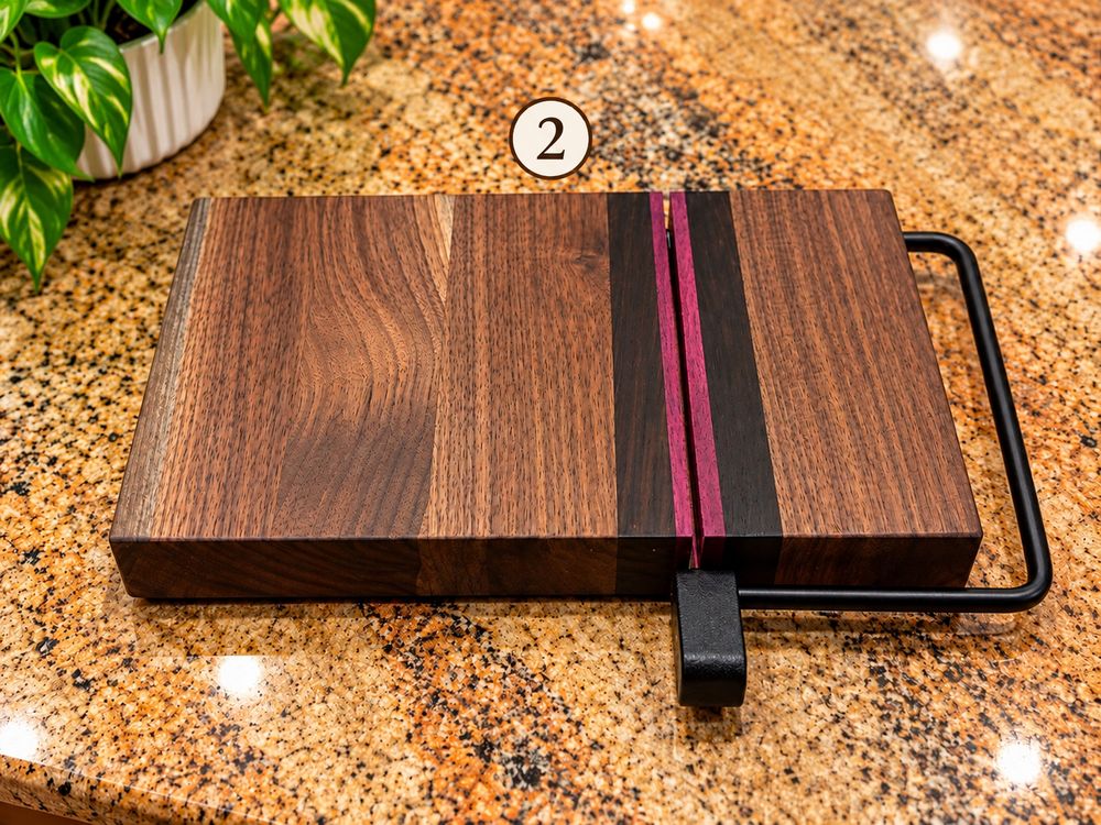 Cheese board with a wire slicer and orange and purple stripes
