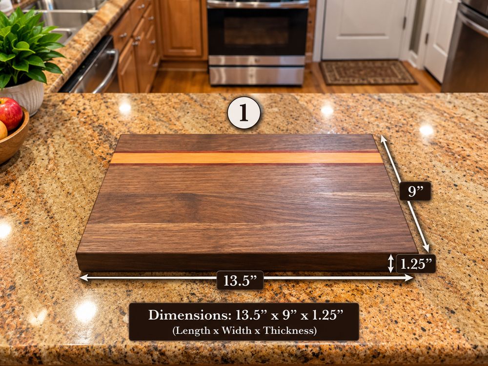 Small walnut cutting board with a padauk stripe, 13.5 by 9 inches